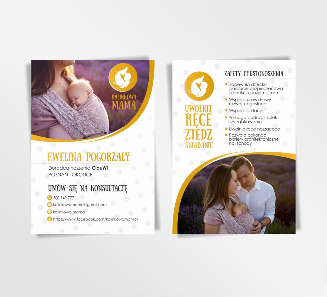 Dwustronna wizytówka doradcy noszenia dzieci z logo Kalinkowa Mama, prezentująca zalety chustonoszenia i dane kontaktowe, z motywem lawendy w tle.
