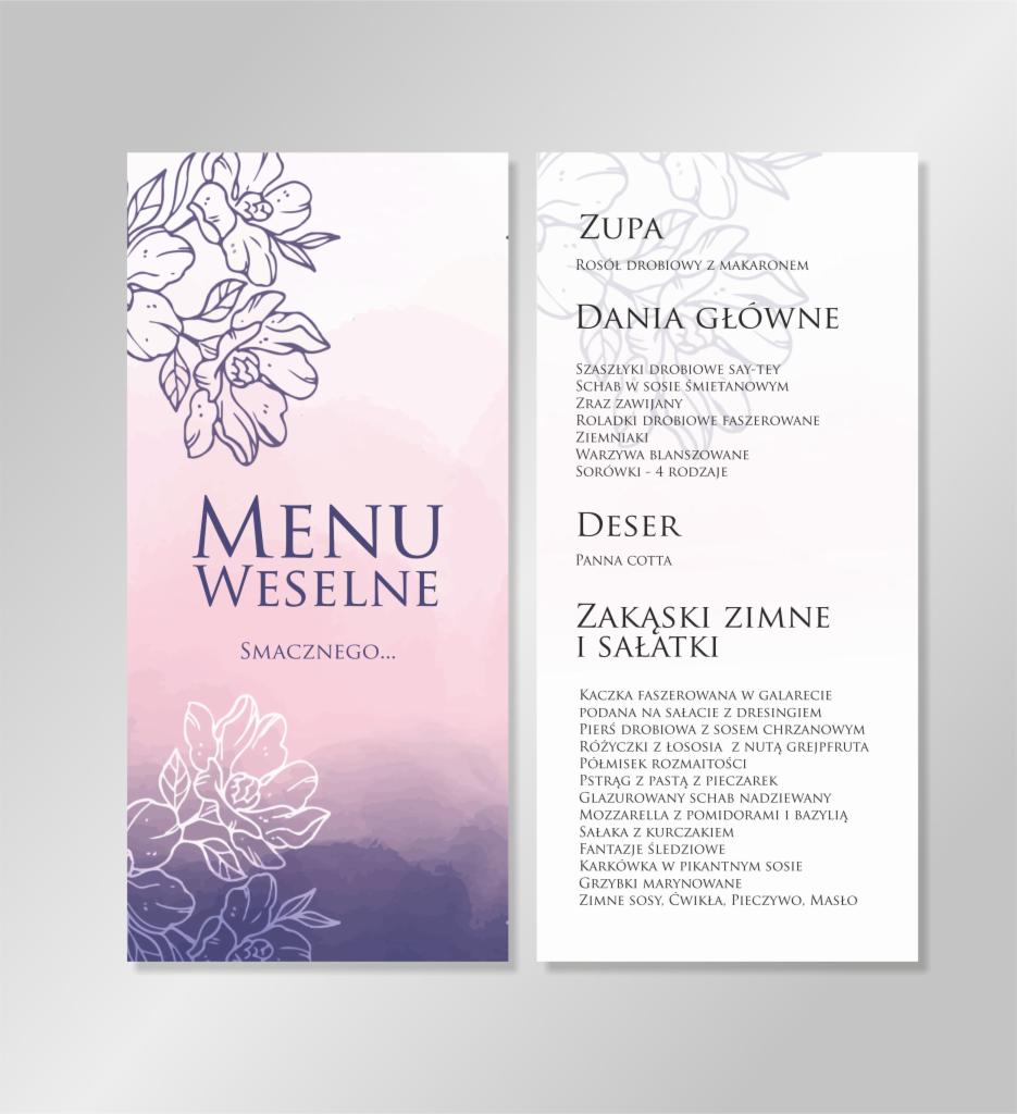 Eleganckie, dwuczęściowe menu weselne w pastelowych kolorach z kwiatowym motywem, prezentujące listę dań, w tym zupę, dania główne, deser oraz zakąski zimne i sałatki.