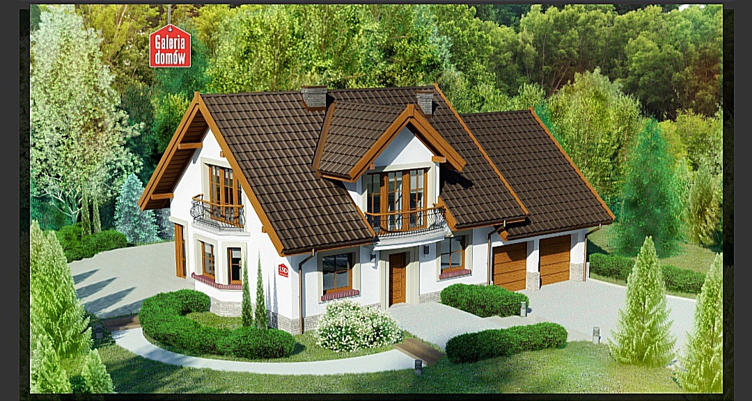 Wizualizacja domu z brązowym dachem, białymi ścianami, drewnianymi elementami wykończeniowymi i symetrycznym ogrodem z krzewami.