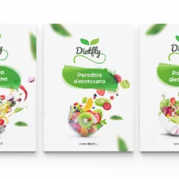 Trzy projekty okładek folderów reklamowych z logo Dietfly i motywem zdrowego odżywiania: warzywa w garnku, owoce w szklanej misce, sałatka w białej miseczce.