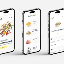 Prezentacja responsywnej strony internetowej na trzech smartfonach, ukazująca ofertę producenta przypraw z intuicyjnym menu i atrakcyjnymi zdjęciami produktów.