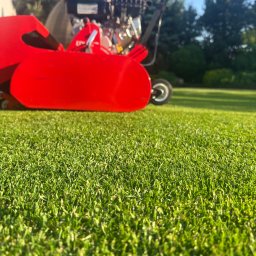 FIRMA HANDLOWO-USŁUGOWA SEBASTIAN AUGUSTYN - Czerwony aerator do trawy na tle gęstej, zielonej murawy w słoneczny dzień. Maszyna do pielęgnacji trawnika z silnikiem spalinowym i koszem na urobek.