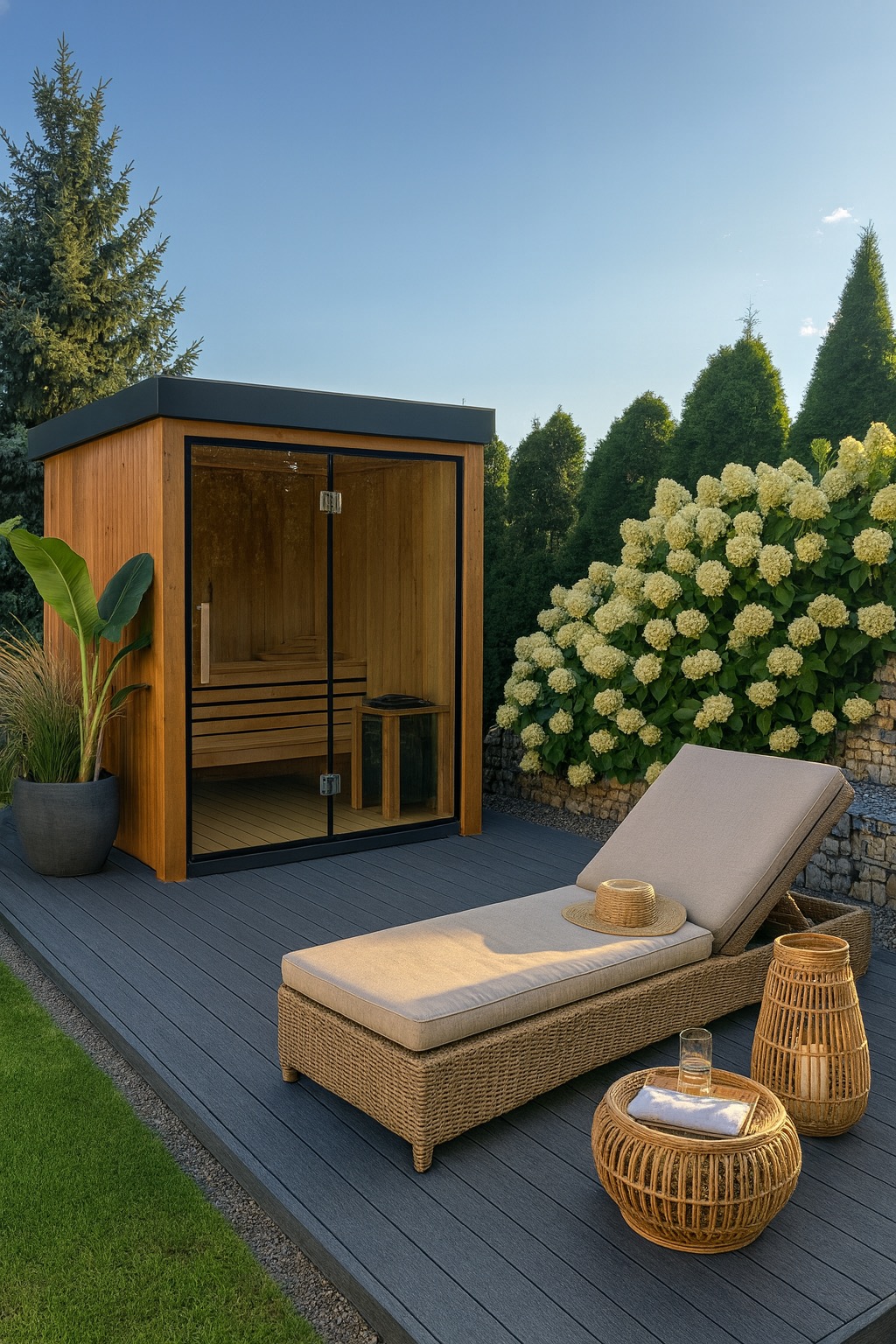 Nowoczesna sauna ogrodowa z leżakiem na tarasie kompozytowym, otoczona zielenią i kwitnącymi hortensjami. Relaksacyjny klimat.
