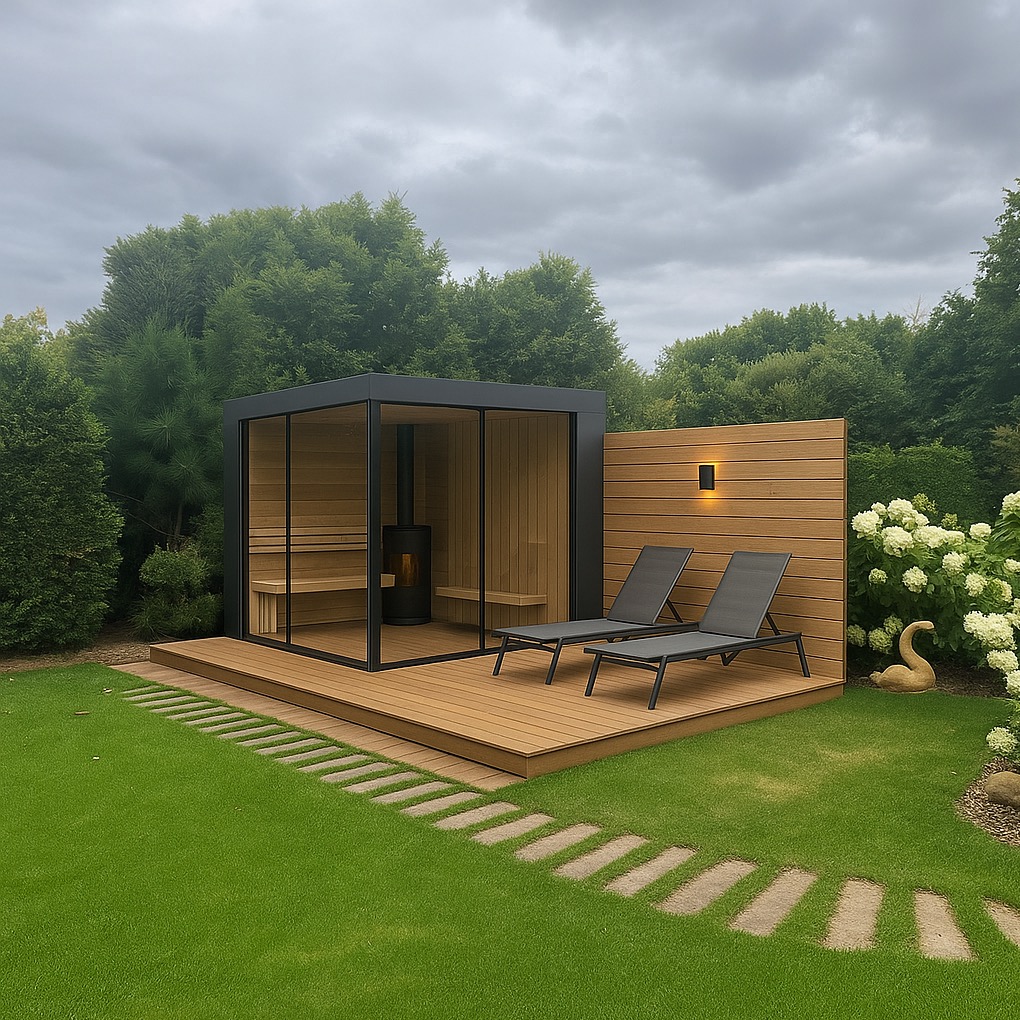 Nowoczesna sauna ogrodowa z przeszklonymi ścianami, drewnianym tarasem i dwoma leżakami, otoczona zielonym trawnikiem i bujną roślinnością.