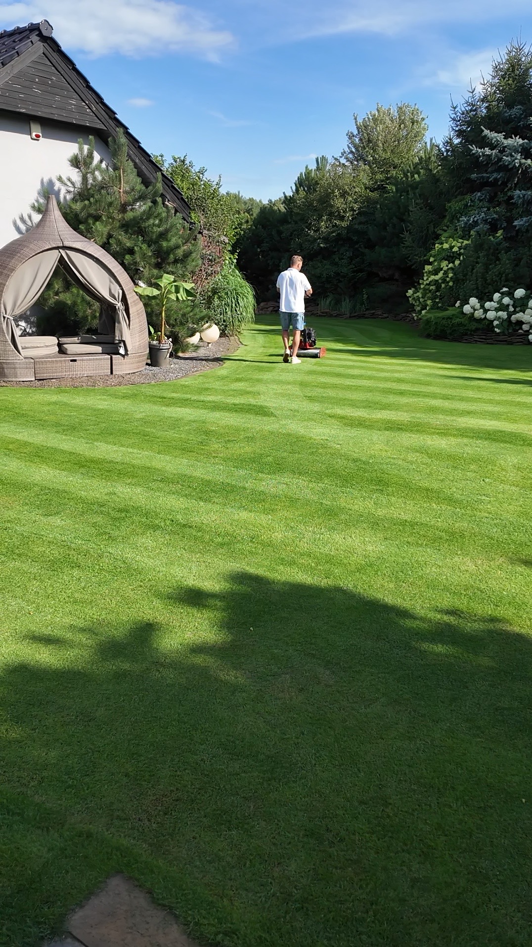 Mężczyzna kosiarką tnie trawę w pasy na zielonym trawniku. W tle dom z ciemnym dachem, dekoracyjny szałas i ozdobne krzewy.