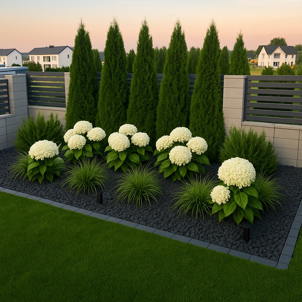 Aranżacja ogrodu z białymi hortensjami, ozdobnymi trawami i strzyżonymi tujami, wysypana czarnym grysem, oddzielona obrzeżem od trawnika.