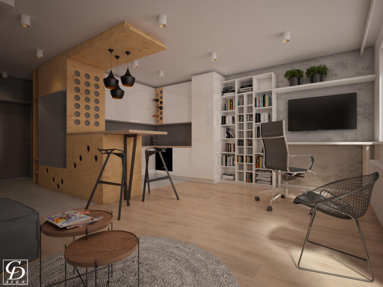Wnętrze mieszkania z otwartą kuchnią, drewnianym barem z okrągłymi otworami, nowoczesnym oświetleniem, białymi szafkami kuchennymi, regałem na książki, biurkiem z krzesłem obrotowym i dekoracjami...