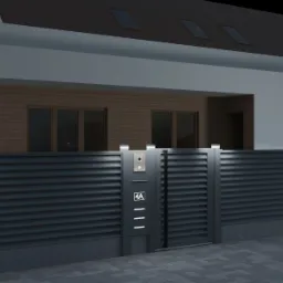Nowoczesna, pozioma, szara konstrukcja ogrodzeniowa z bramą wejściową, oświetleniem LED na słupkach i panelem z numerem domu 4A oraz domofonem, na tle domu z drewnianą elewacją.