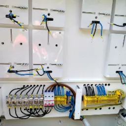 Wnętrze skrzynki elektrycznej z podłączonymi przewodami o różnych kolorach i złączkami, widoczne bezpieczniki i listwy zaciskowe, przewody ułożone wewnątrz białej obudowy.