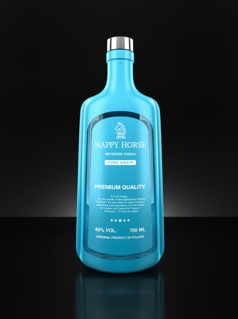 Turkusowa butelka wódki premium z etykietą 'Happy Horse', prezentowana na czarnym tle z połyskiem.