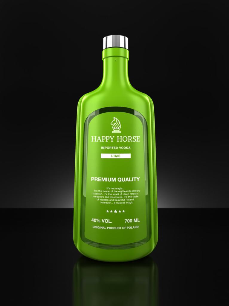 Butelka zielonej wódki o smaku limonki, marki Happy Horse, na czarnym tle z odbiciem.