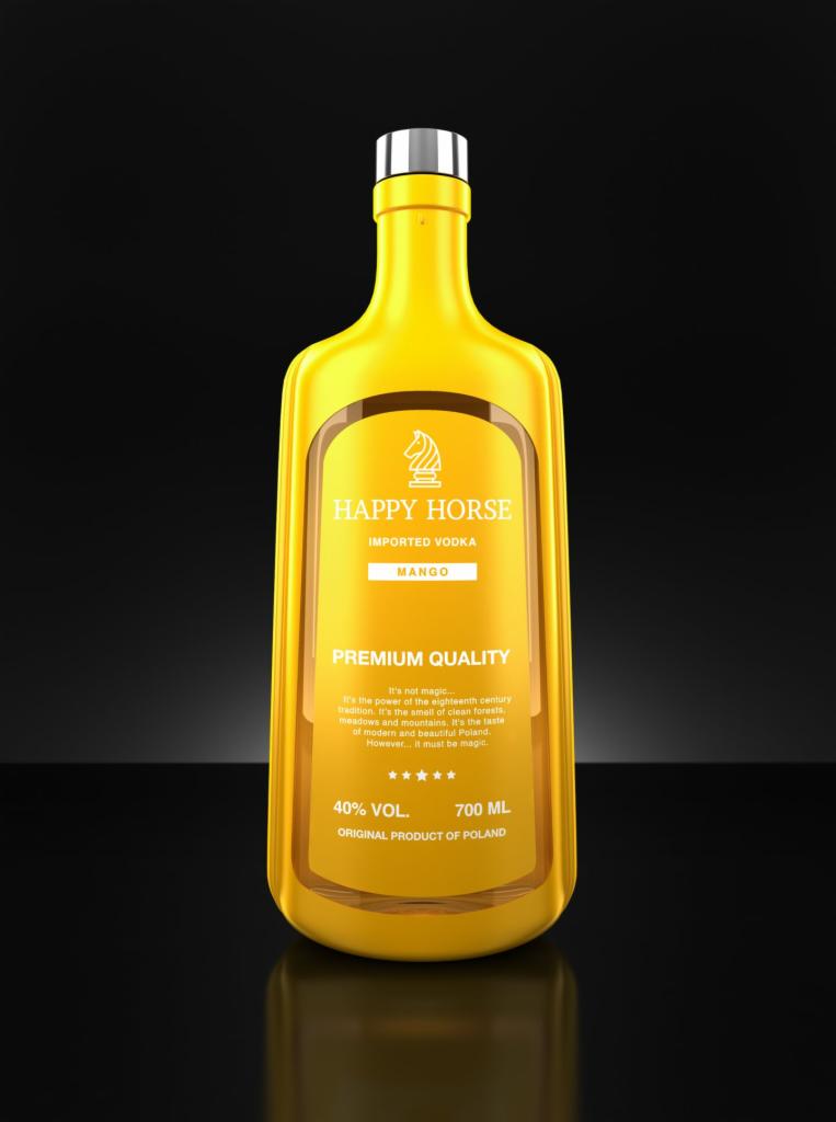Żółta butelka wódki Mango Happy Horse na czarnym tle, z srebrną zakrętką i etykietą z napisem Premium Quality.
