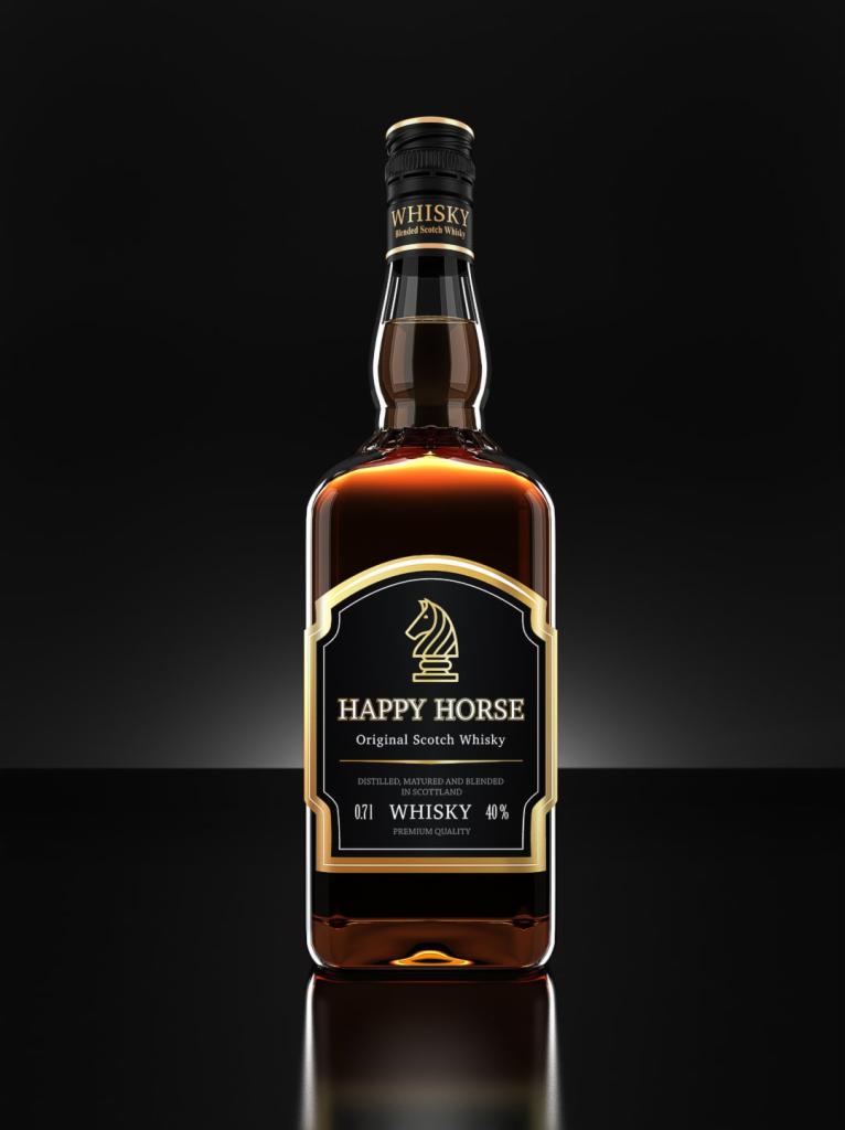 Butelka szkockiej whisky 'Happy Horse' na czarnym tle z refleksami światła, prezentacja produktu.
