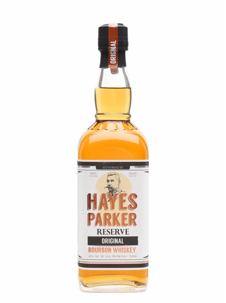 Butelka bourbon whiskey Hayes Parker Reserve Original na białym tle, z etykietą prezentującą portret mężczyzny z wąsami i cygarem.