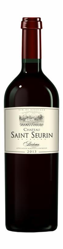 Elegancka butelka czerwonego wina Chateau Saint Seurin Bordeaux 2013 z kremową etykietą i bordową kapsułą na szyjce, na białym tle.