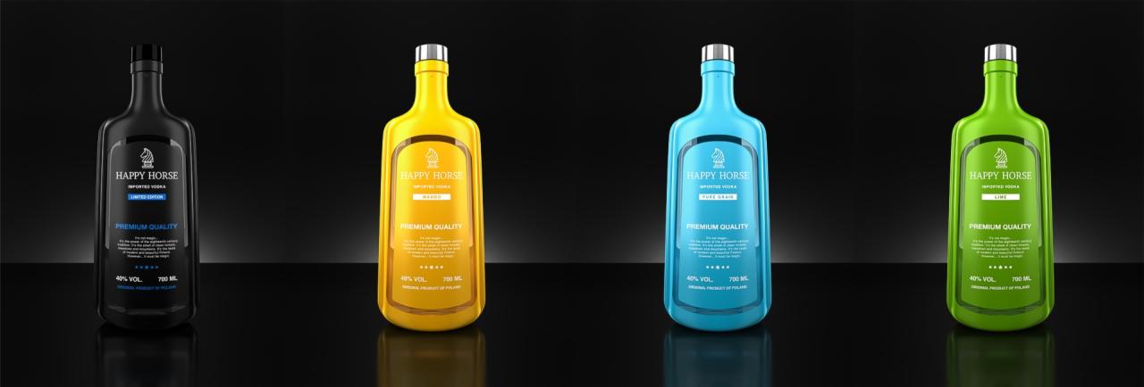 Cztery butelki wódki Happy Horse o różnych smakach (czarna, żółta, niebieska, zielona) ustawione obok siebie na czarnym, błyszczącym tle.
