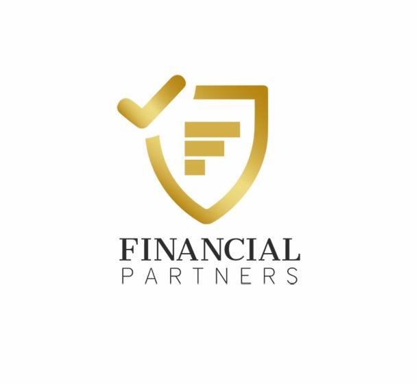 Złote logo firmy Financial Partners: stylizowana tarcza z trzema poziomymi paskami i symbolem odhaczenia.