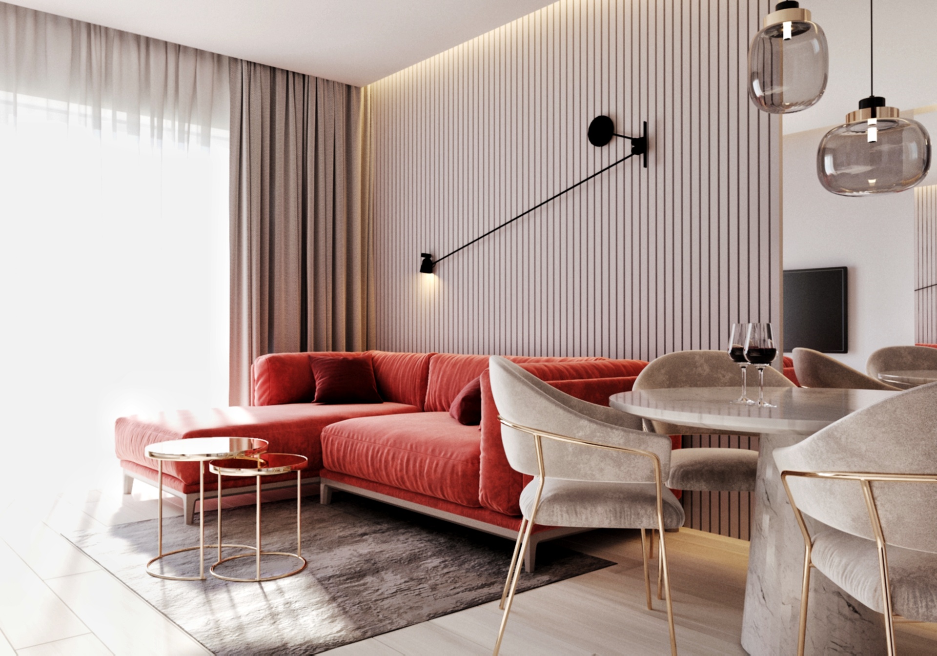 Nowoczesne wnętrze salonu z koralową sofą narożną, okrągłym stolikiem kawowym, marmurowym stołem jadalnym z szarymi krzesłami i lampami wiszącymi w kształcie kuli.
