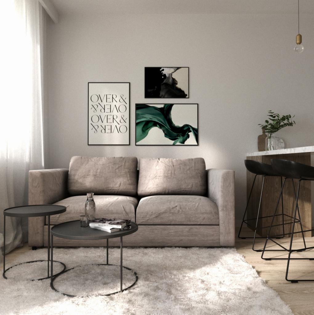 Neutralna sofa z poduszkami, stoliki kawowe z wodą i książką, abstrakcyjne obrazy na ścianie w salonie z aneksem kuchennym, wysokie krzesła barowe