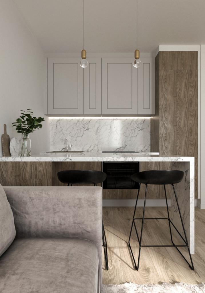 Wizualizacja kuchni z wyspą, marmurowym blatem i backsplashiem, szare szafki górne, drewniane wykończenie wyspy i szafy, dwa czarne hokery, fragment sofy w kolorze taupe, oświetlenie punktowe.
