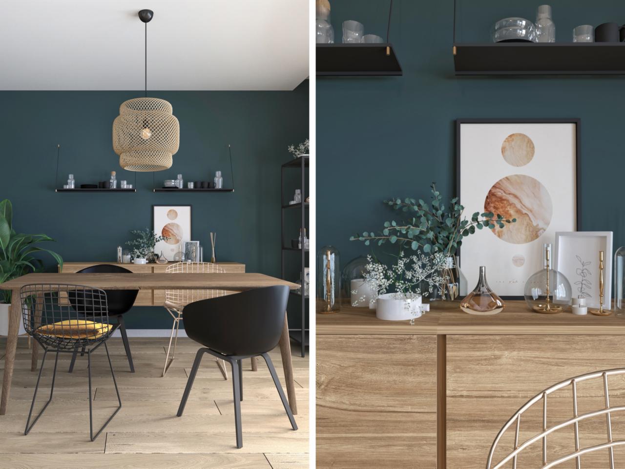 Jadalnia w stylu skandynawskim: drewniany stół, czarne krzesła z metalową siatką i żółtą poduszką, pleciona lampa wisząca, ciemnozielone ściany, drewniana komoda z dekoracjami: wazony, ramki...