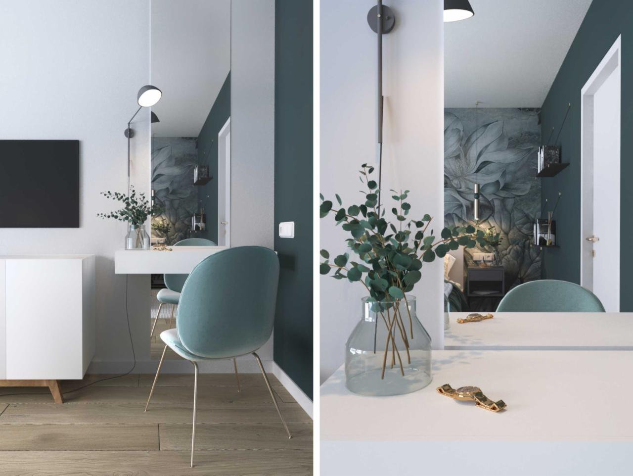 Nowoczesna toaletka z lustrem, oświetleniem ściennym i turkusowym krzesłem, uzupełniona wazonem z eukaliptusem i dekoracyjnymi spinkami, na tle ściany z motywem roślinnym.