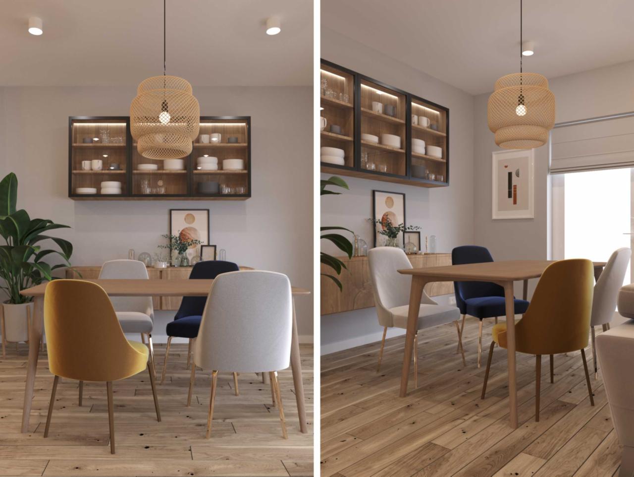 Jadalnia z drewnianym stołem, krzesłami w odcieniach musztardowym, szarym i granatowym, plecioną lampą wiszącą, szafką z przeszklonymi drzwiczkami i drewnianą podłogą.