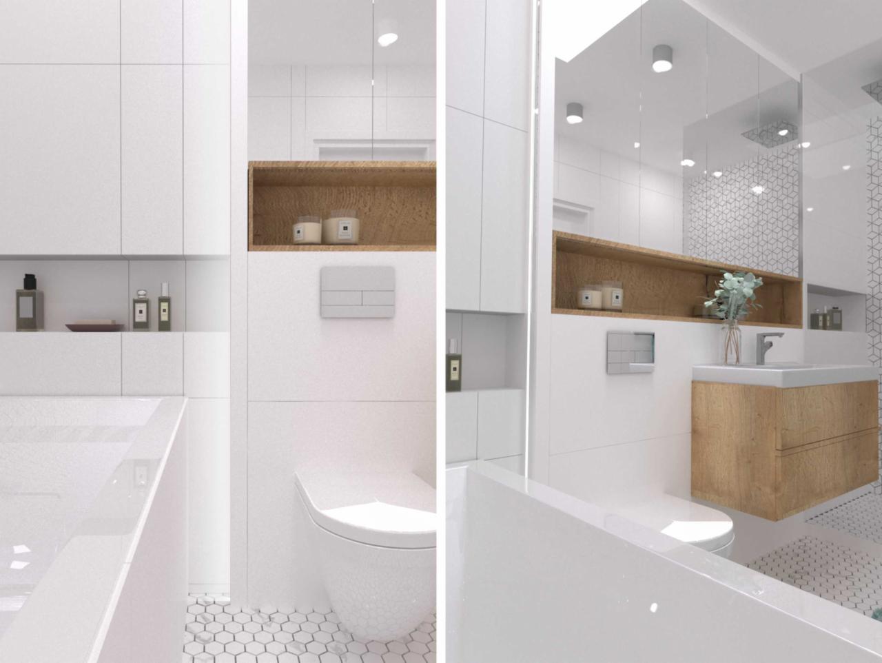 Wizualizacja nowoczesnej łazienki z białymi płytkami heksagonalnymi na podłodze, wiszącą toaletą, drewnianą półką z dekoracjami i szafką pod umywalką z drewnianym frontem.