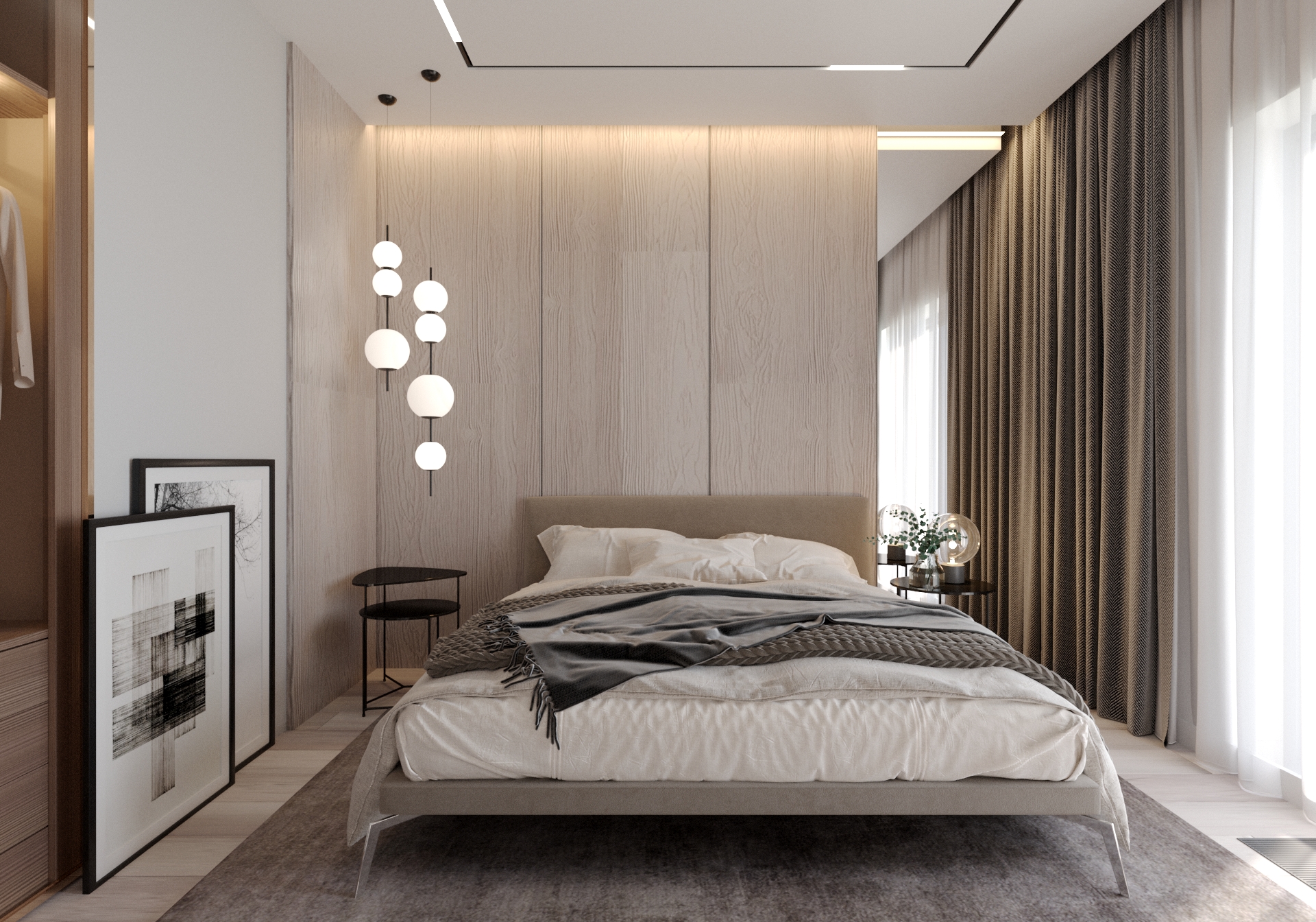 Nowoczesna sypialnia w Szczecinie z drewnianą ścianą, minimalistycznym oświetleniem kulistym, łóżkiem z beżowym zagłówkiem i szarym pledem, oraz abstrakcyjnymi obrazami w czarnych ramach.