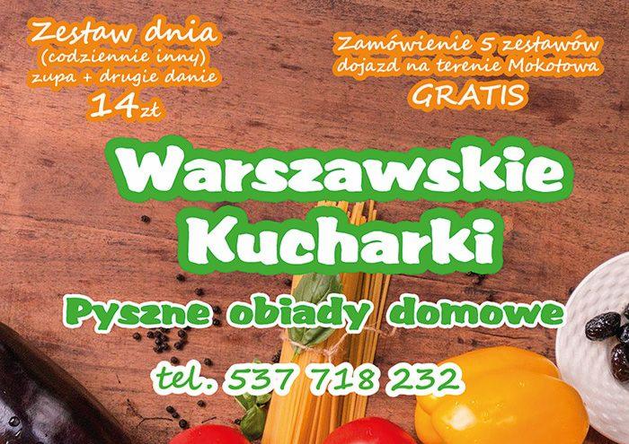 Reklama firmy cateringowej Warszawskie Kucharki z informacją o zestawie dnia w cenie 14 zł oraz darmowym dojeździe na Mokotowie, na drewnianym tle z warzywami i makaronem.