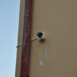 Zewnętrzna kamera monitoringu przymocowana do ściany budynku, obok rury spustowej z odpryskującą farbą.