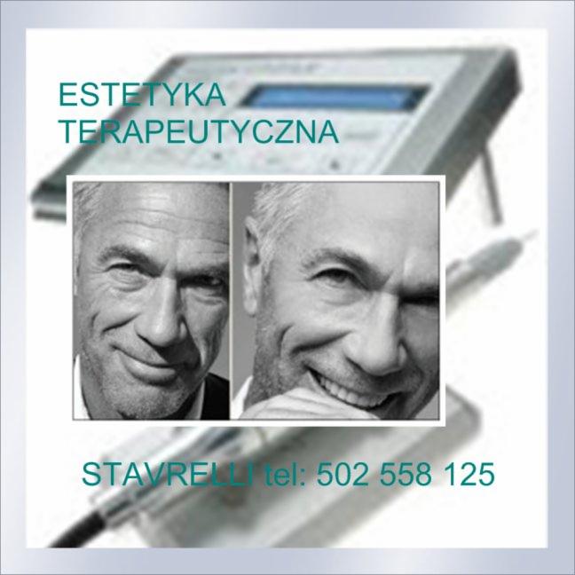 Grafika reklamowa zabiegów estetyki terapeutycznej z portretami uśmiechniętego mężczyzny przed i po zabiegu, urządzenie kosmetyczne w tle, nazwa firmy i numer telefonu.