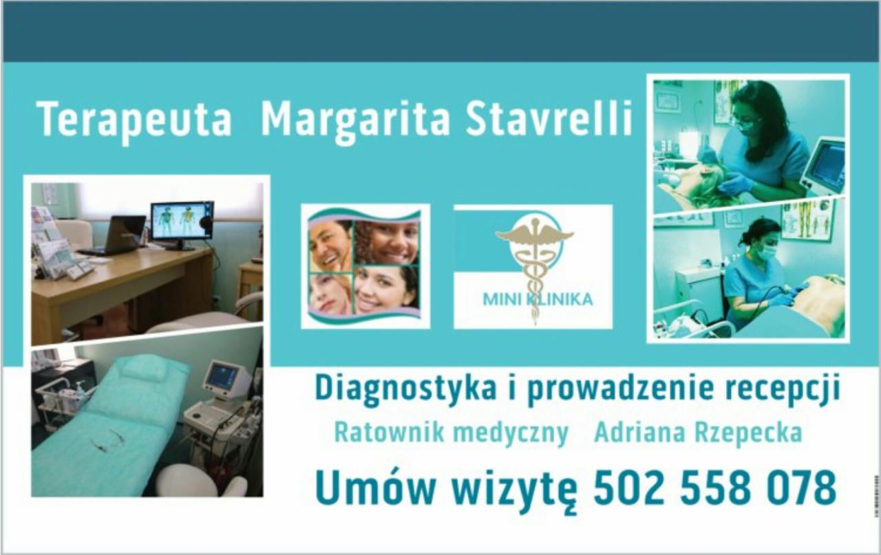 Kompozycja graficzna z elementami wyposażenia gabinetu lekarskiego, zdjęcia personelu podczas zabiegów i logo 'Mini Klinika' z numerem telefonu kontaktowego.