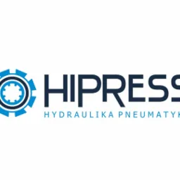 Logotyp firmy HIPRESS z niebieskim symbolem koła zębatego i nazwą firmy oraz hasłem 'Hydraulika Pneumatyka' w kolorze niebieskim.