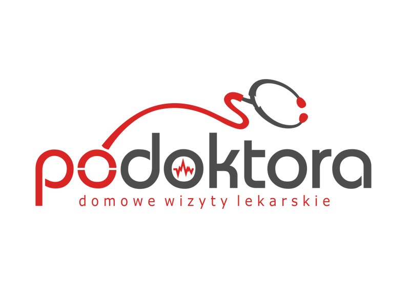 Minimalistyczne logo firmy medycznej z nazwą 'podoktora', stylizowane na stetoskop i puls, z dopiskiem 'domowe wizyty lekarskie'.