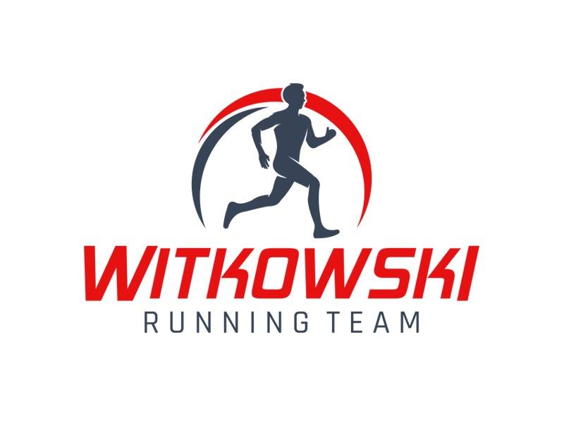 Logotyp przedstawiający sylwetkę biegacza w ruchu, umieszczoną w czerwono-szarym łuku, nad napisem 'WITKOWSKI RUNNING TEAM'.