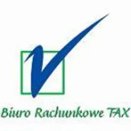 Logo biura rachunkowego TAX z zielonym kwadratem i niebieskim symbolem zaznaczenia.