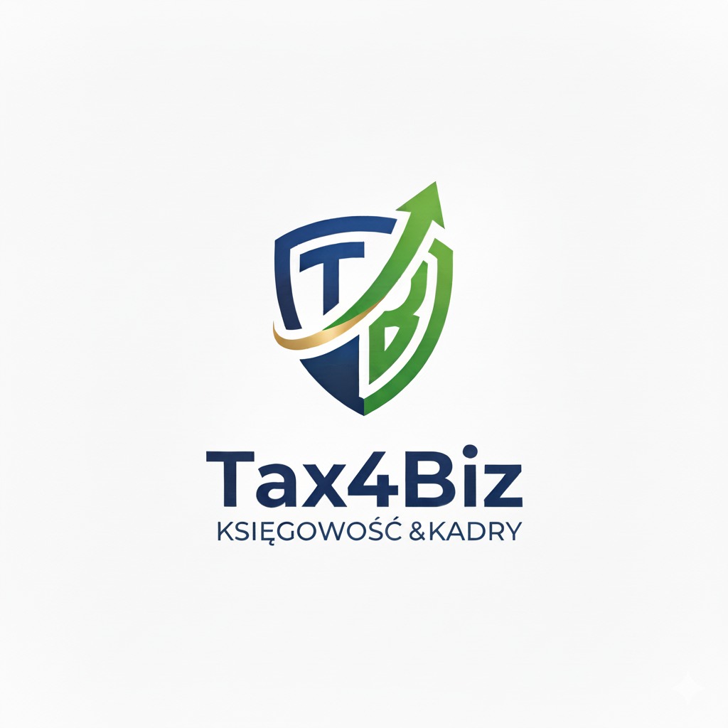 Logo Tax4Biz: Tarcza z literami T i B, strzałka w górę, napis 'Tax4Biz KSIĘGOWOŚĆ & KADRY' w kolorach niebieskim, zielonym i złotym na białym tle.