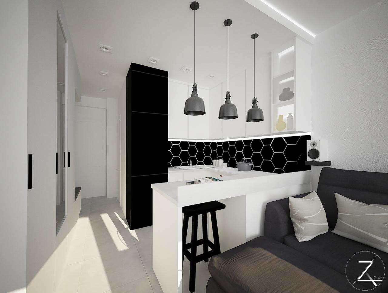 Wizualizacja nowoczesnej kuchni w stylu minimalistycznym z czarno-białą kolorystyką, heksagonalnymi płytkami na ścianie i trzema wiszącymi lampami w kształcie dzwonów nad wyspą kuchenną, widoczna...