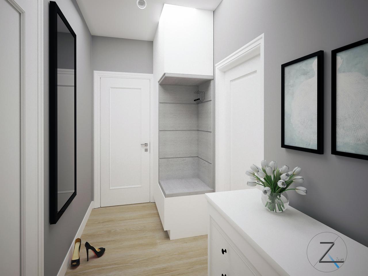 Wizualizacja przedpokoju w odcieniach szarości i bieli, z minimalistyczną szafą wnękową, lustrem w czarnej ramie, komodą z kwiatami i parą damskich szpilek na podłodze