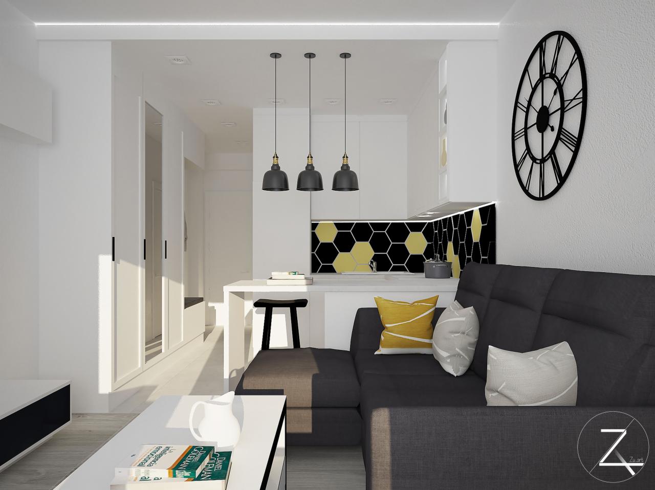 Wizualizacja salonu z aneksem kuchennym, szara sofa narożna z żółtą poduszką, heksagonalne płytki w odcieniach czerni i złota na ścianie, trzy czarne lampy wiszące nad blatem.