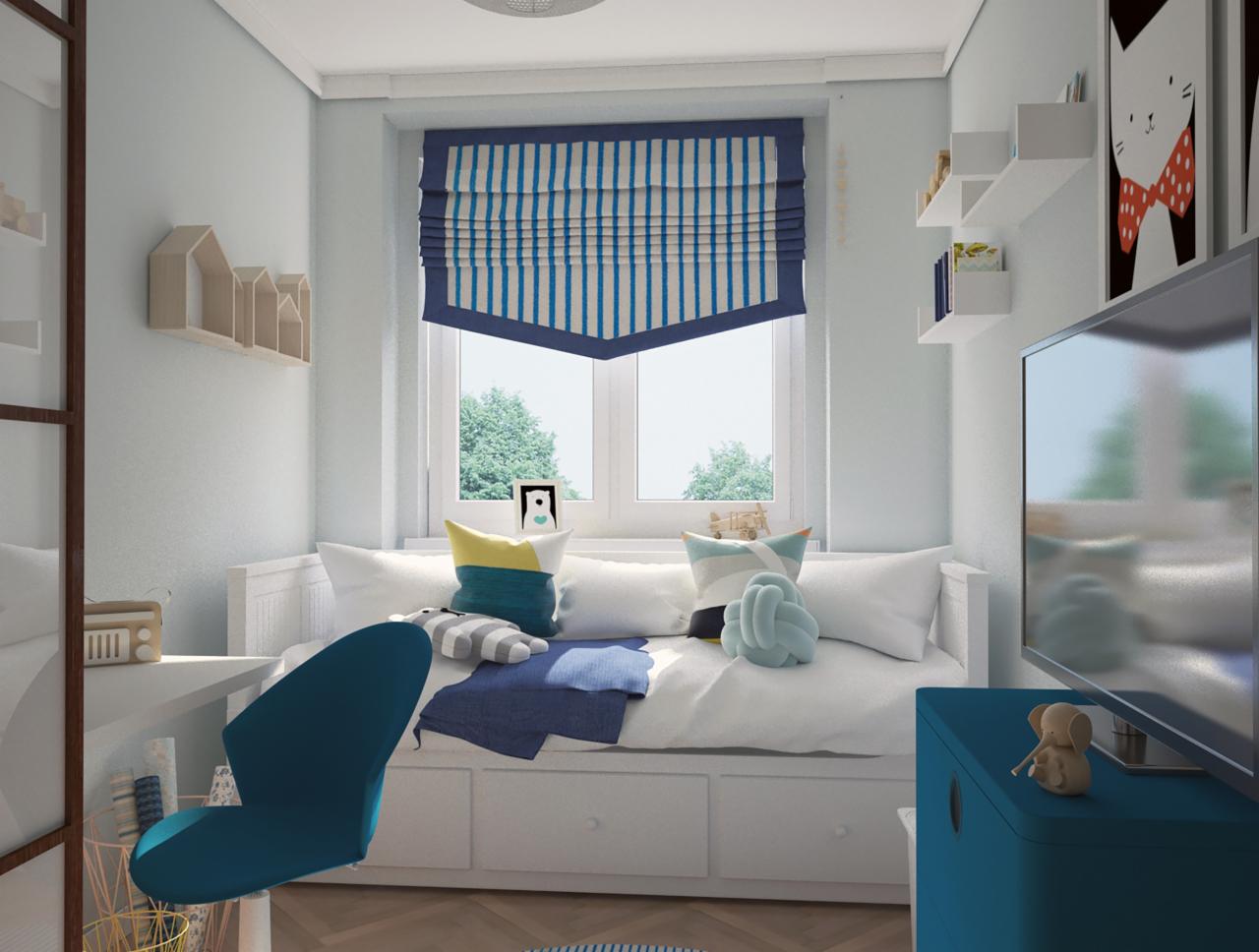 Wizualizacja pokoju dziecięcego z łóżkiem z szufladami, niebieskim biurkiem i zasłoną rzymską w paski.