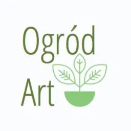 Logo firmy 'Ogród Art' z zielonym napisem i stylizowaną rośliną w doniczce, na białym tle.