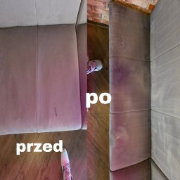 Eco Pranie - Zdjęcie 'przed i po' prania narożnika z szarej tkaniny. Widoczne różnice w czystości materiału, z uwzględnieniem detali zabrudzeń i odświeżonego koloru. Częściowo widoczne buty osoby.