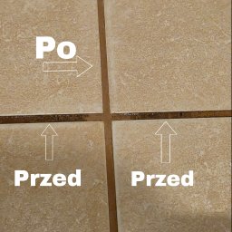 Eco Pranie - Czyszczenie fug na beżowych płytkach podłogowych. Po prawej i u góry efekt po czyszczeniu, po lewej i na dole widoczny brud przed czyszczeniem.