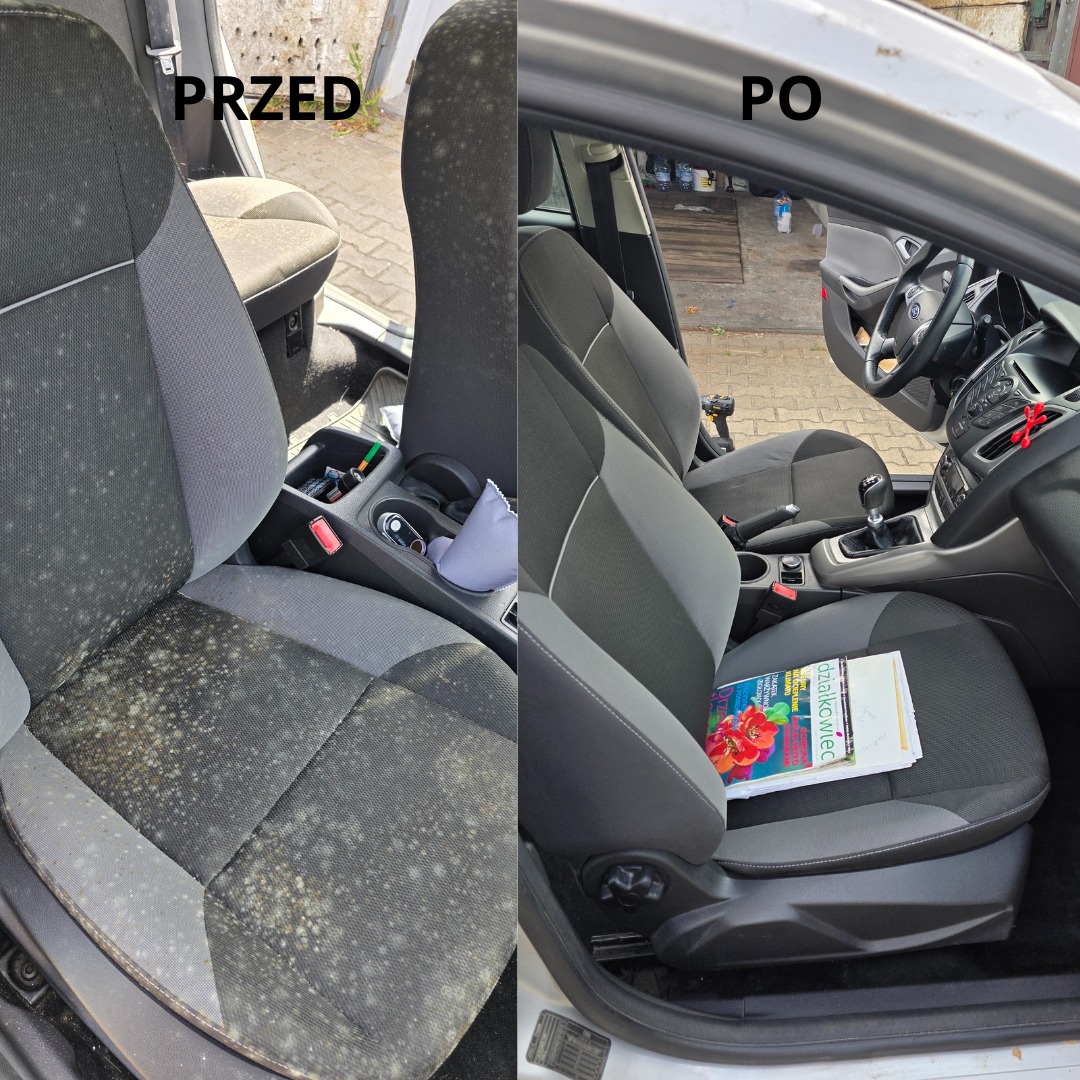 Tapicerka samochodowa przed i po czyszczeniu: widoczne plamy i zabrudzenia na fotelu przed, a po - czysty fotel z gazetą. Ujęcie z boku, wnętrze pojazdu.