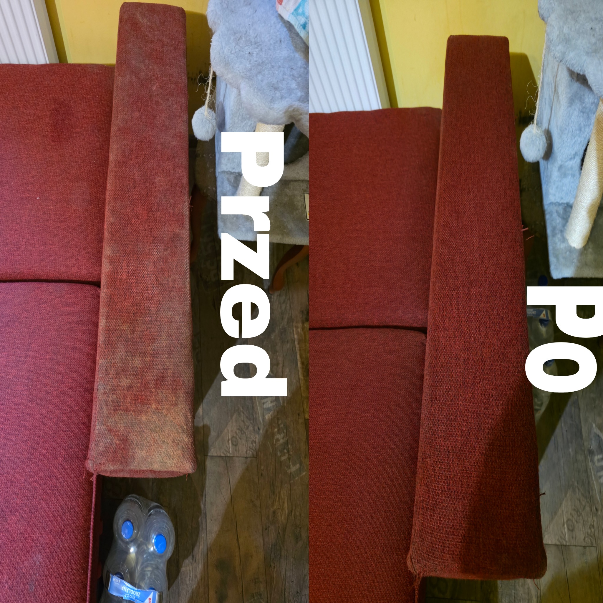 Czerwona kanapa przed i po czyszczeniu tapicerki, widoczne wyraźne różnice w czystości materiału na oparciu i siedzisku. Efekt 'przed i po' z bliska.