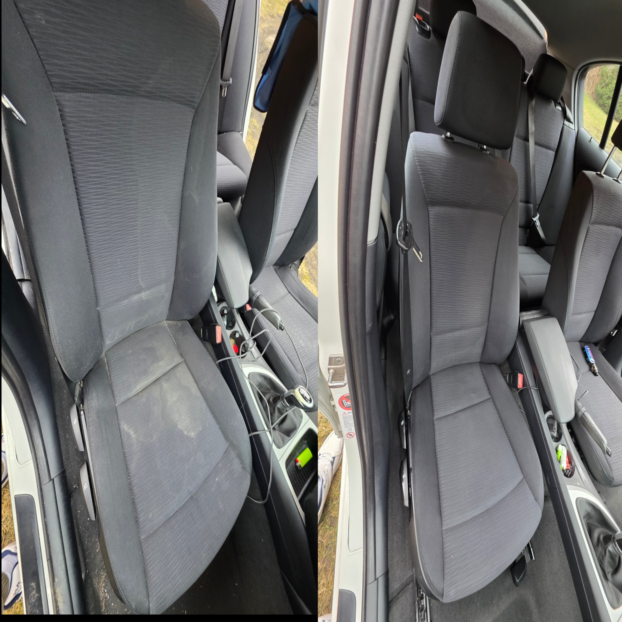 Zdjęcie typu 'przed i po' przedstawia czyszczenie tapicerki samochodowej. Po lewej stronie widoczne zabrudzone siedzenie, po prawej czyste, odświeżone siedzenie.