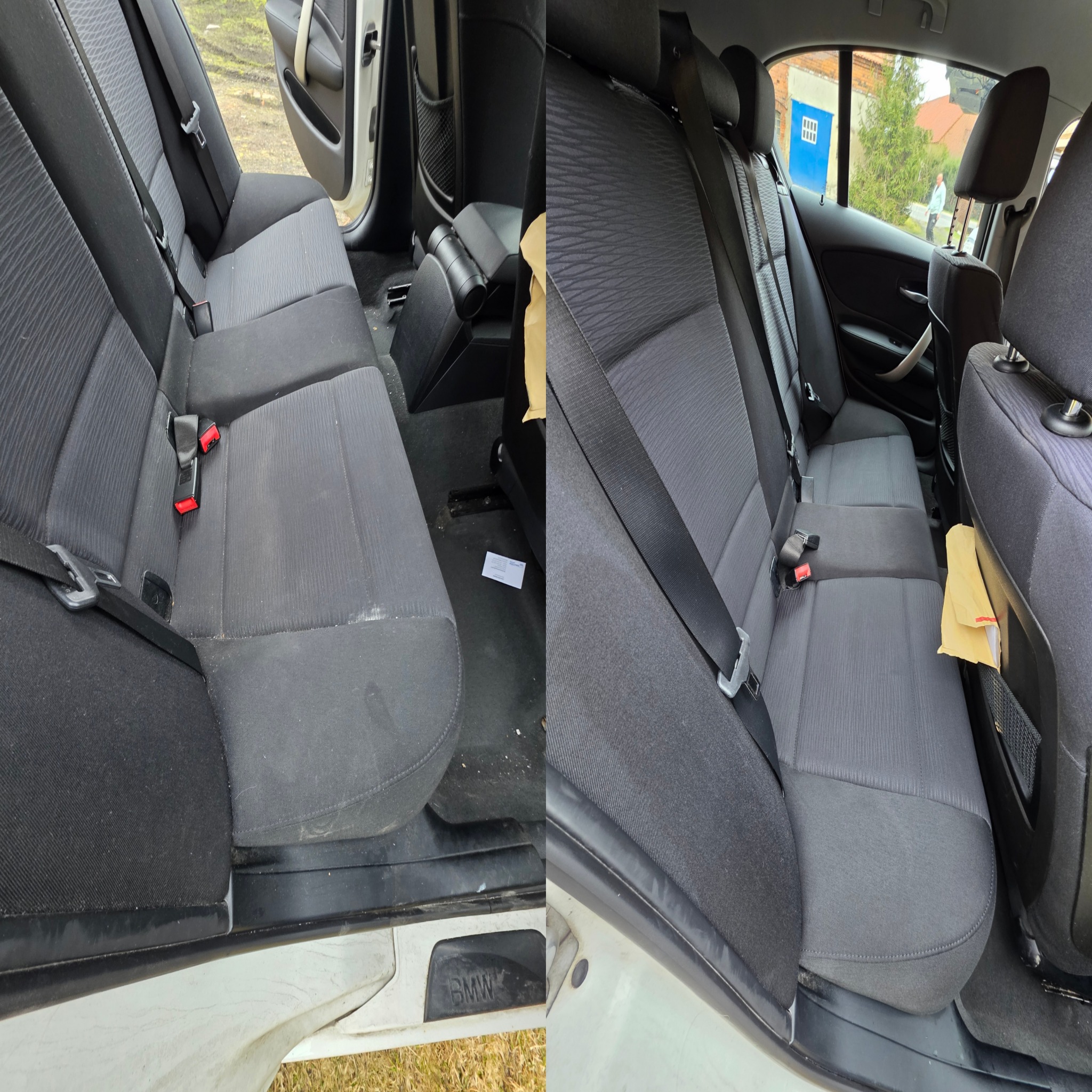 Zdjęcie typu 'przed i po' przedstawia tylne siedzenia samochodu BMW. Po lewej stronie widoczne zabrudzenia na tapicerce, po prawej czyste, odświeżone siedzenia.