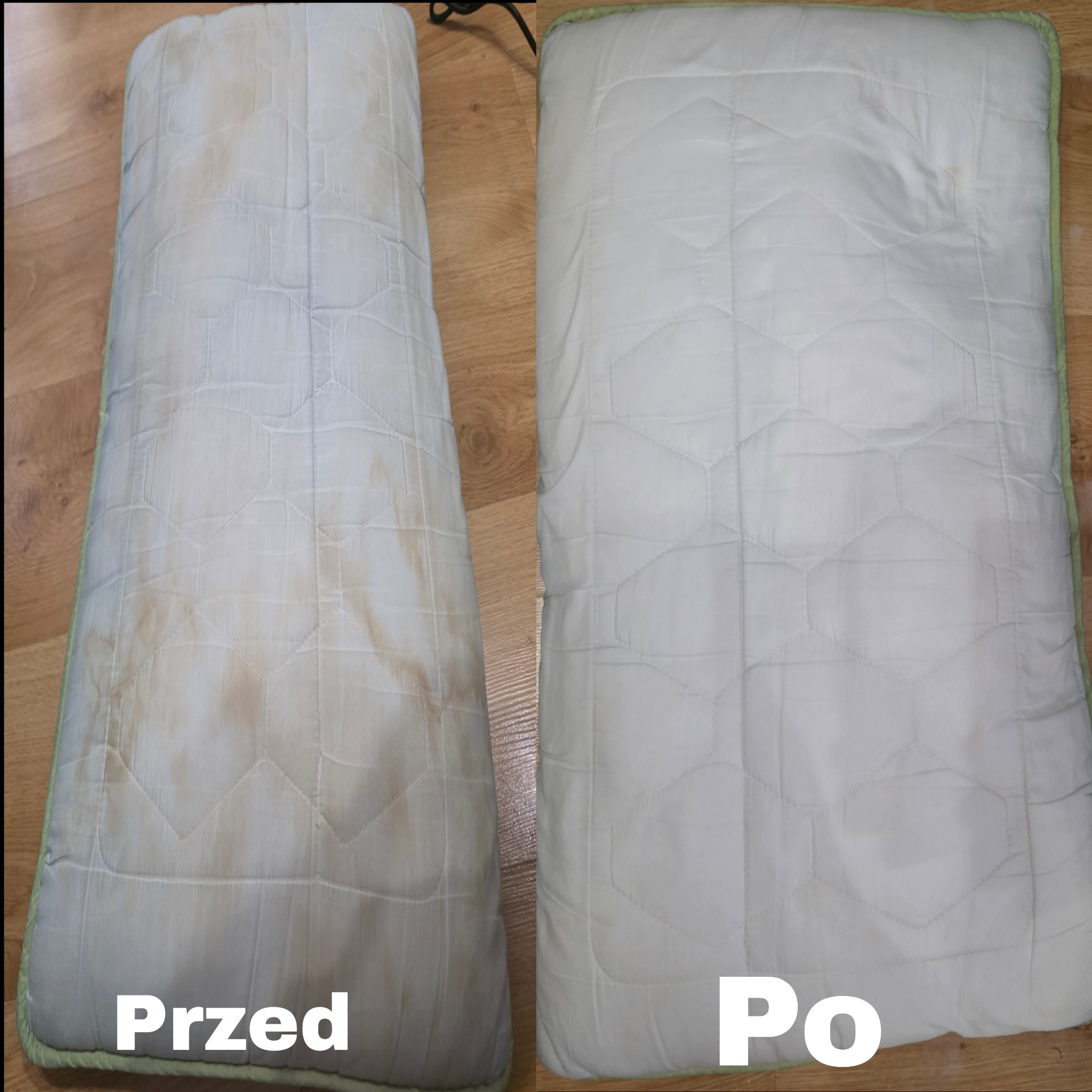 Materac dziecięcy z zieloną lamówką, widok z góry, porównanie stanu przed i po czyszczeniu, ukazujące usunięcie zabrudzeń. Efekt prania materaca.